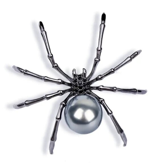 Jewelry - Gunmetal Silvertone Gray Black Spider Pin Brooch Gothic Halloween Faux Pearl